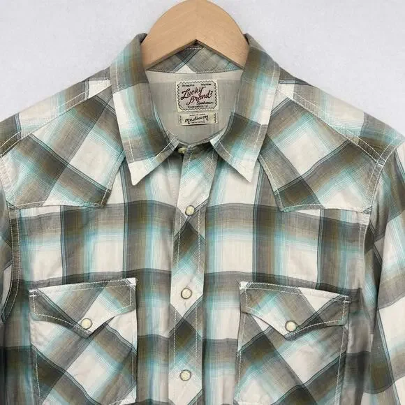 LUCKY BRAND Shirt Mens M Plaid Pearl Snap Front Western Double Layer Cotton Gray - Picture 5 of 15
